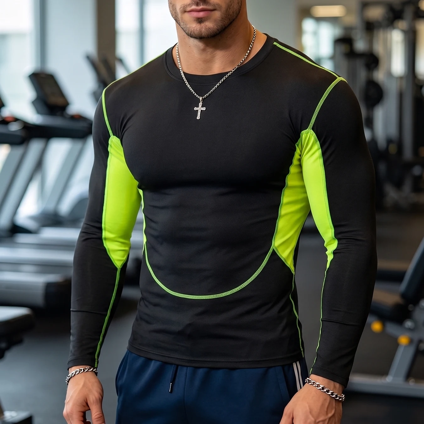 Men Contrast Panel Compression Long Sleeve Shirt Moisture Wicking Crew Neck Athletic Top Stretch Breathable Base Layer For Gym