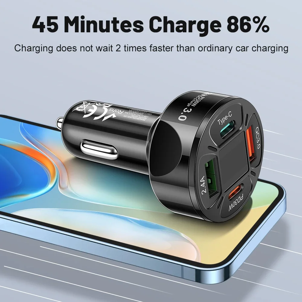 120W 4 Ports Car Charger Fast Charging PD QC3.0 USB C Car Phone Charger Type C Adapter in Car For iPhone Samsung Huawei Xiaomi