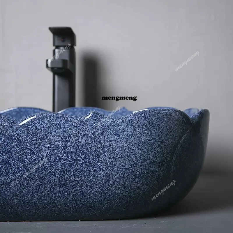 Bacia de mesa de arte pia quadrada azul única bacia personalidade criativa lavatório de banheiro pias de bancada de cerâmica com escorredor