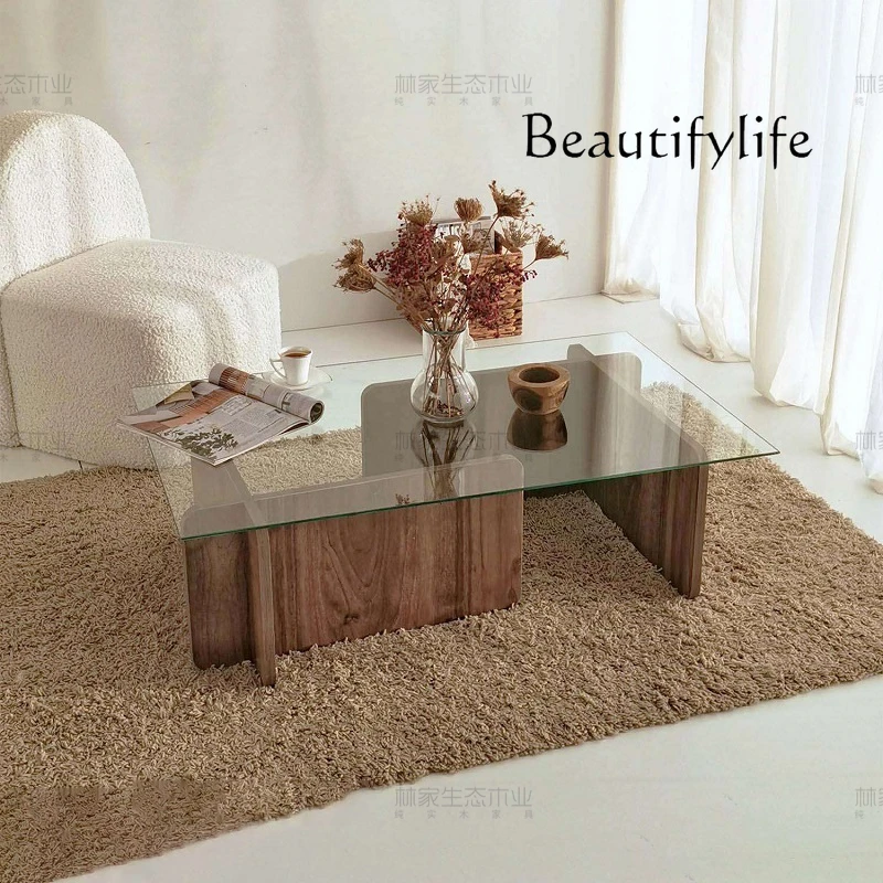 Mailiufeng Household Small Apartment Walnut Coffee Table Living Room Solid Wood Tea Table Tempered Glass Coffee Table