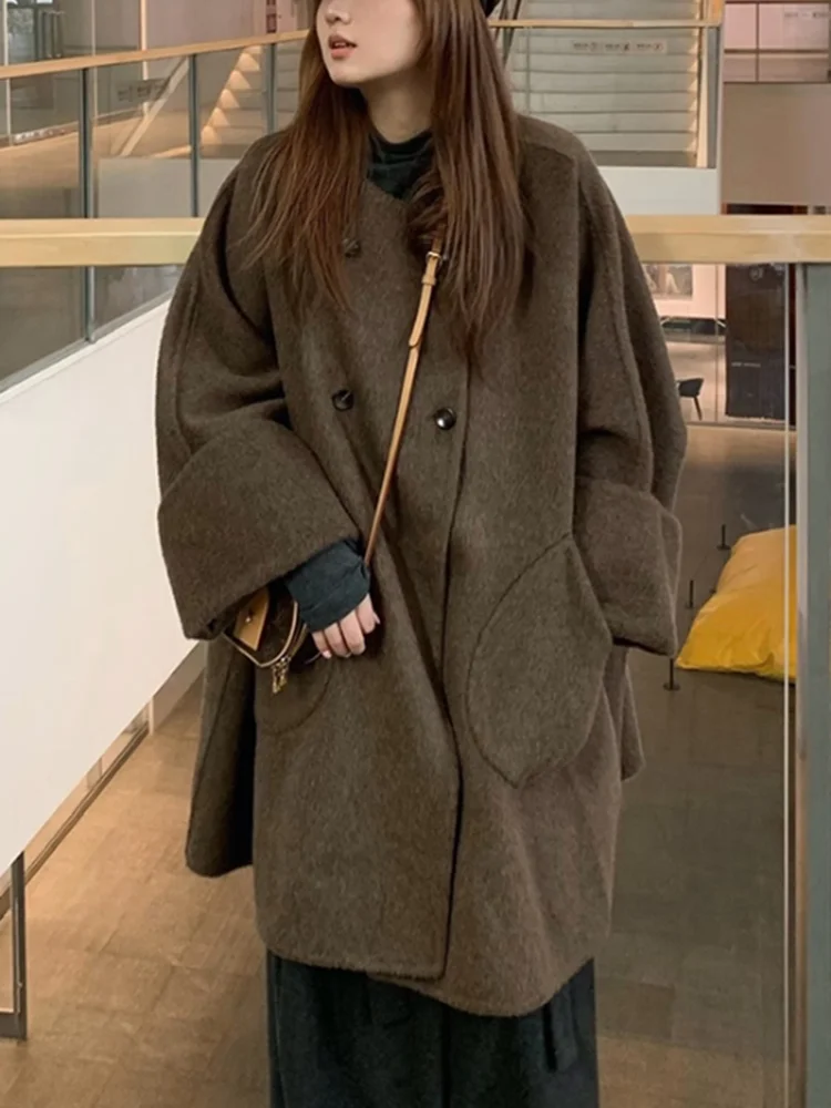 

Women's Long Tweed Coat Winter 2025 New Korean Sle Loose Woolen Jaet Autumn Season Regular Sve Length Polyester Fiber