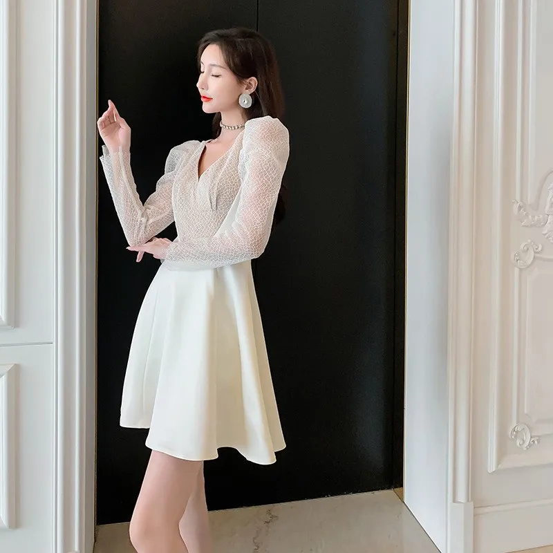 Frühling 2024 Damen Sweet Tulle Bubble Sve V-Ne Waist-Cinching Slim Satin A-Line Dr High Waist Long Sve Basic Sle