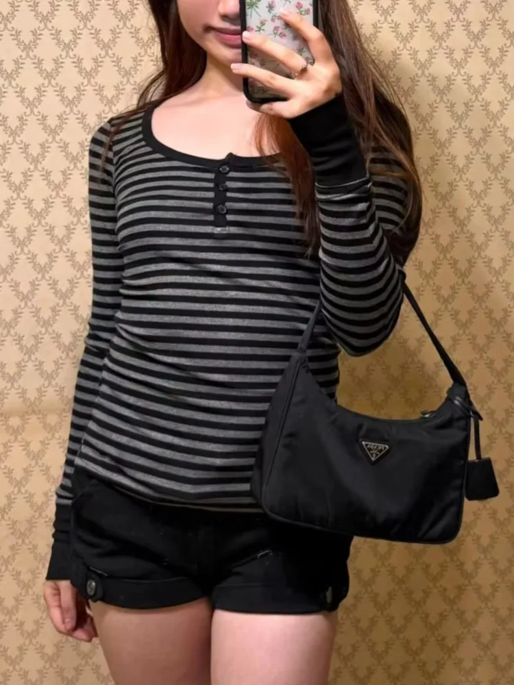 

Полосатые лоскутные топы с длинными рукавами и молнией, женские повседневные шикарные хлопковые футболки с пуговицами, шикарная милая тонкая футболка в консервативном стиле Y2K