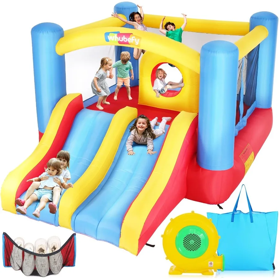 บ้านลมเป่าลมพร้อมสไลเดอร์แข่งรถคู่แบบยกสูงสำหรับเด็กอายุ 3-6 ปี พร้อมห่วงกระโดด ปราสาทลมเป่าลมขนาดใหญ่พร้อมเครื่องกีดขวาง