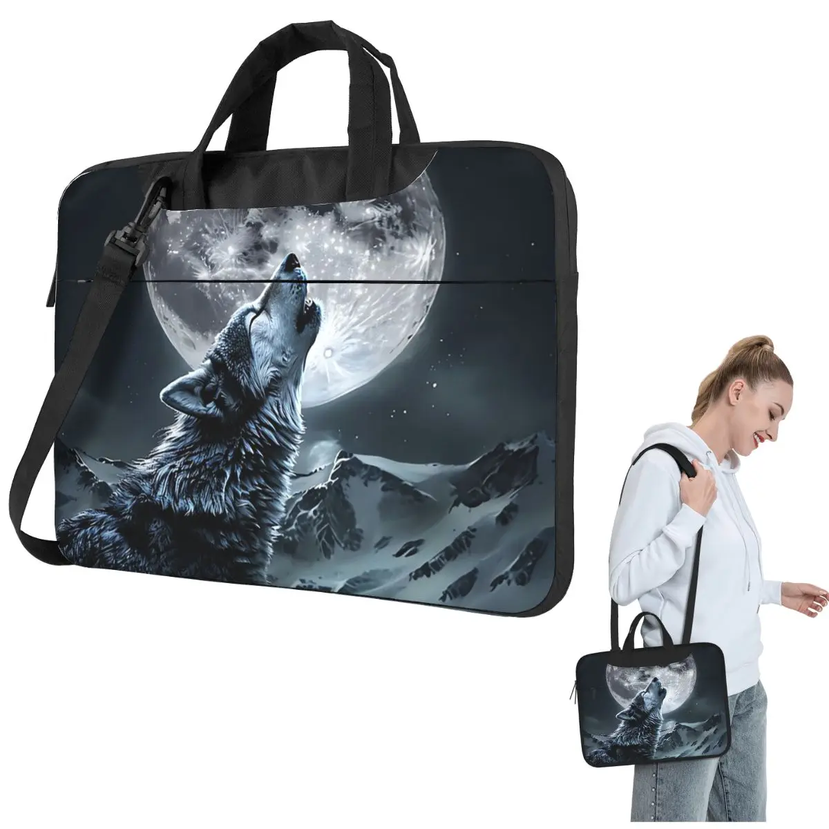Howling Wolf Under The Moonlight Print Crossbody Laptop Bag Case Computer Bag 13 14 15.6 Inch Notebook Pouch for Lenovo