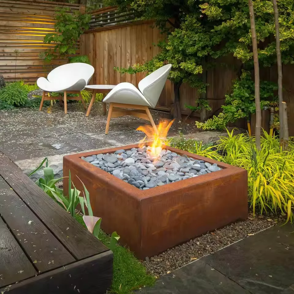 Propane Gas Fire Pit Table Rectangle Steel Outdoor Garden or Patio Furniture Square Shape Concrete Material