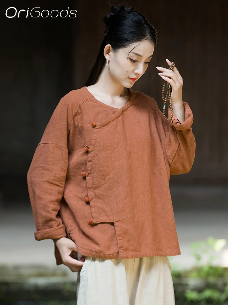 OriGoods Langarmbluse im chinesischen Stil, Kleidung, Ramie, Baumwolle, Leinen, Damenhemd, 2025, Herbst, neue Zen-Tops, lockere Passform, Hemden, B336