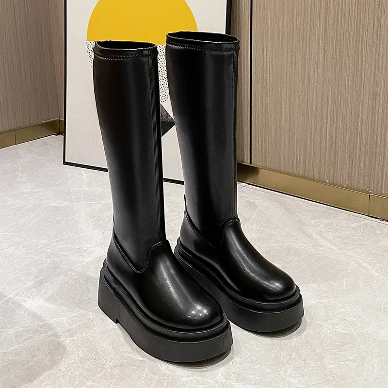 New 2023 Women's High Boots Fashion Non-slip Waterproof Winter Zipper Solid Color High Boots Chunky Platform Long Woman Boots