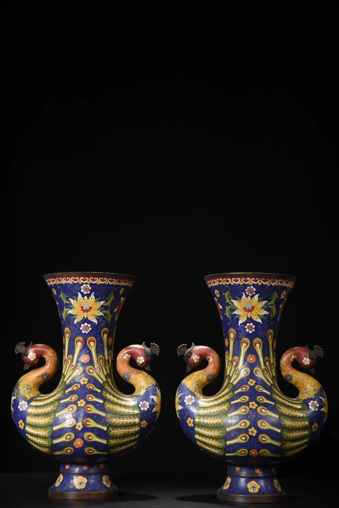 

15"Tibetan Temple Collection Old Bronze Cloisonn Enamel Double Peacock Ears Bottle Lotus Pattern Vase A Pair Town house Exorcism