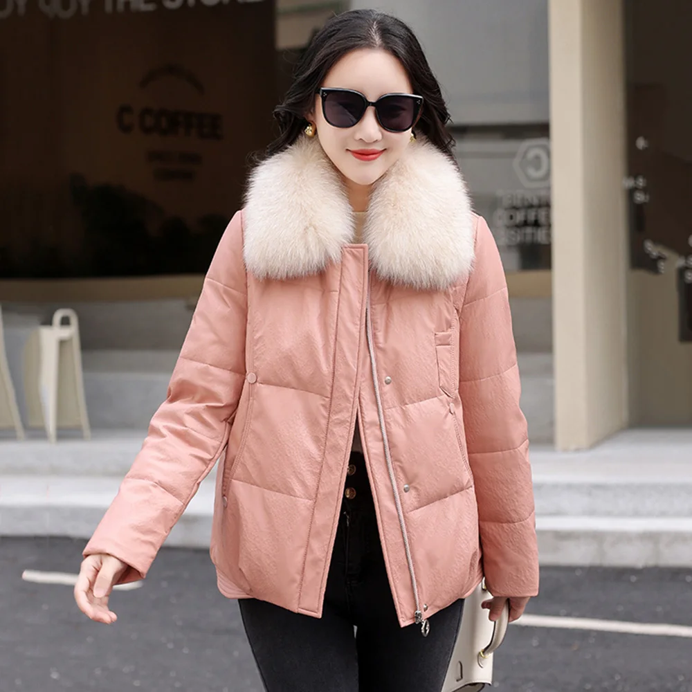 New Women Pink Leather Down Jacket Winter Fashion Warm Real Fox Fur Collar Loose Sheepskin Down Coat Split Leather Thick Coat