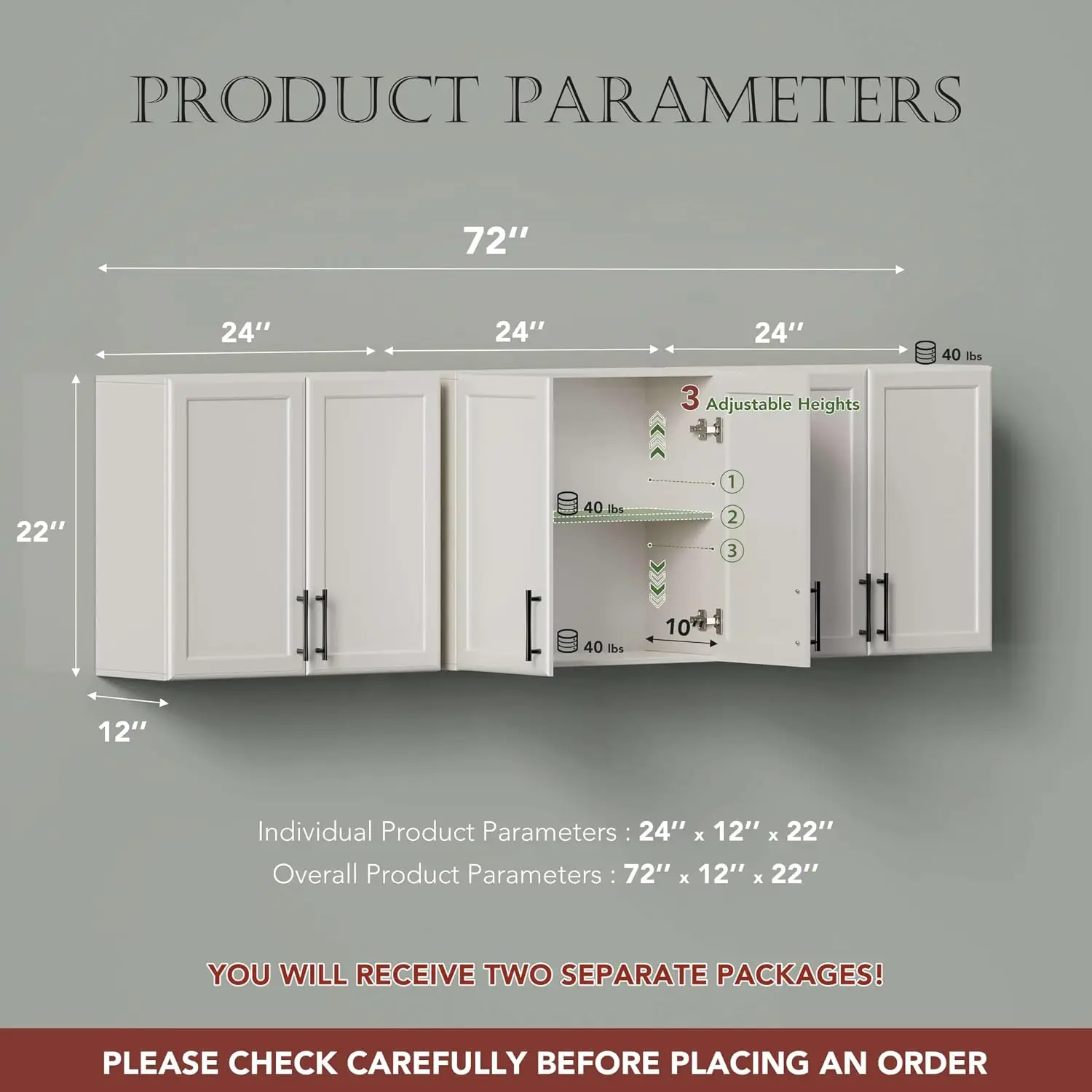 72’’ Laundry Room Cabinets Set, White Wall Cabinet with Adjustable Shelf and Shaker Doors, Upper Kitchen Cabinet, Cabinets for L