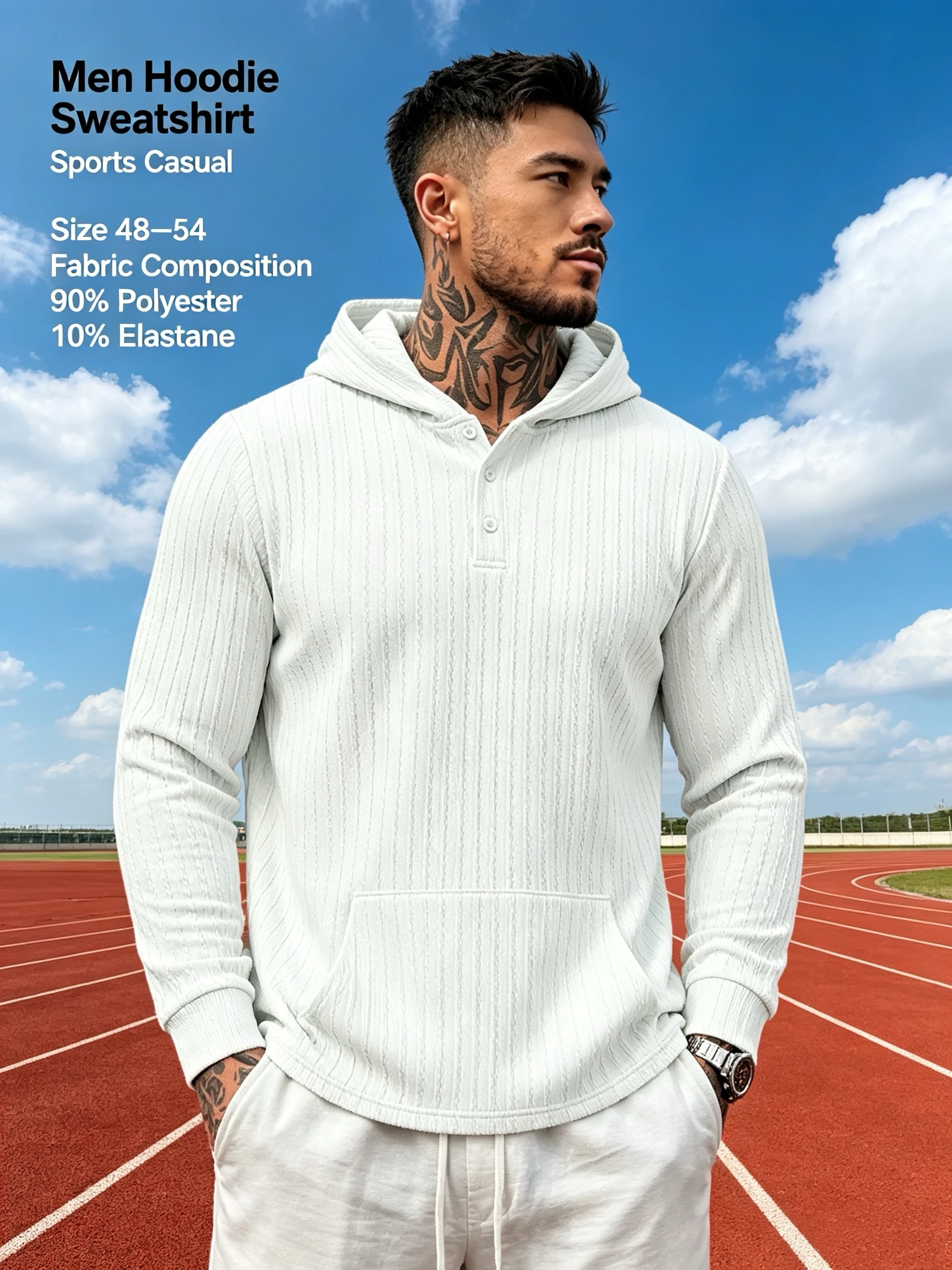 Men Henry Hoodie Sweatshirt, Button Half Placket Jacquard Textured Pullover, No Drawstring Kangaroo Pocket Casual White Hoodie