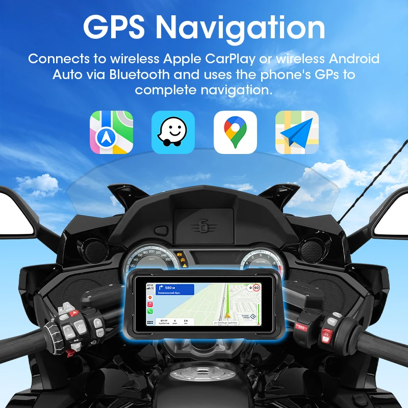 7" Motorcycle Portable Wireless CarPlay Android Auto Airplay Display Screen Waterproof DashCam Navigation Bluetooth Moto Monitor