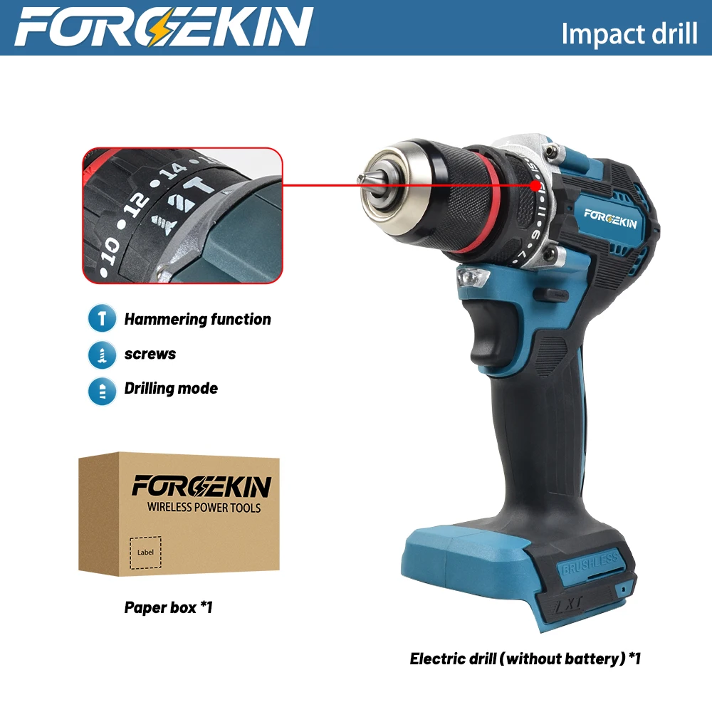 

FORGEKIN Brushless Lithium Drill Impact Drill Hand Drill Portable Set Multi functional High power Drill For Makita Battery PIN