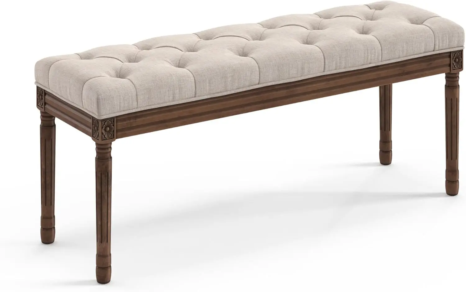 

44" Bedroom Bench, Vintage French Tufted End of Bed Bench, Upholstered Fabric Ottoman Bench with Carved Dark Brown Legs