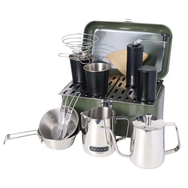 Camping hand brew coffee pot set wholesale stainless iron coffee utensils portable travel equipment hand brew coffee set