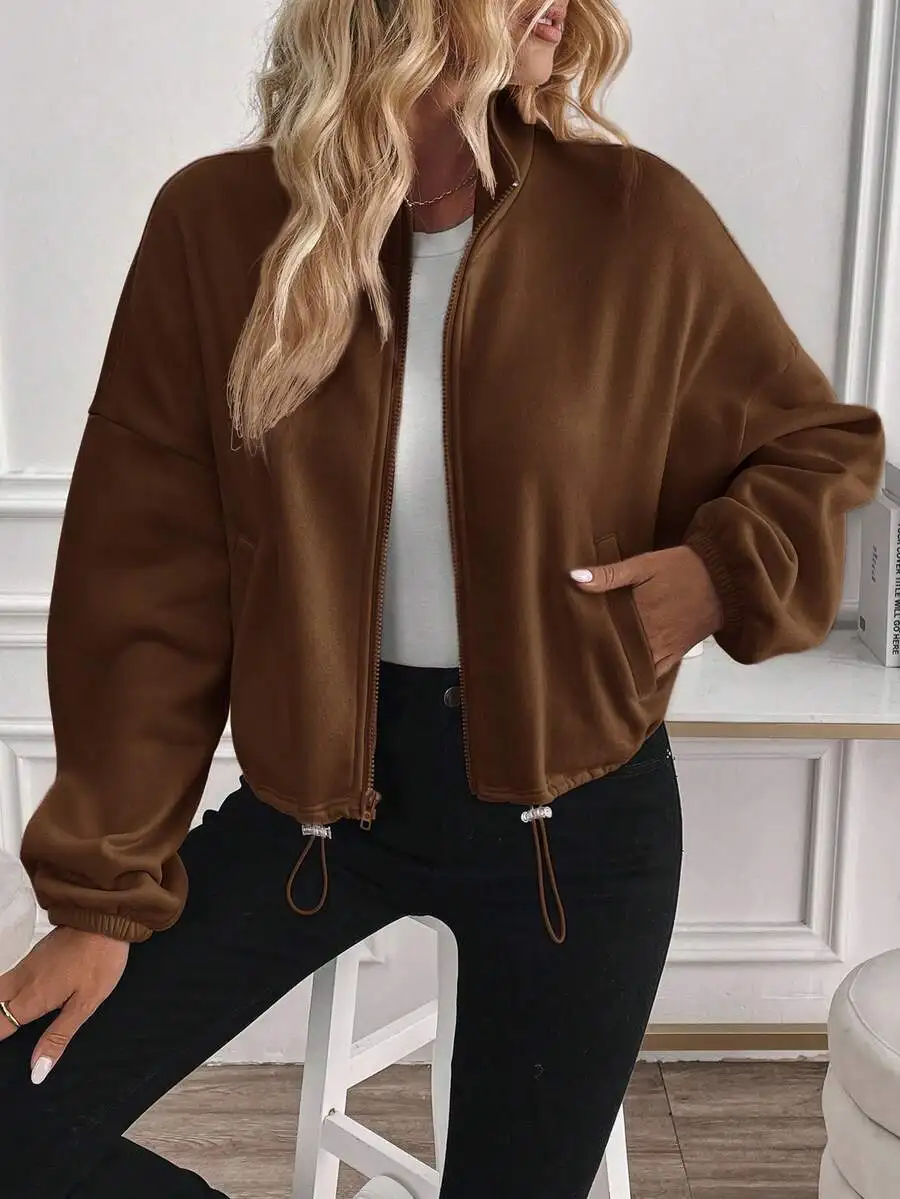 2026 New Women Zip Up Sweatshirt Stand Collar Loose Drawstring Crop Jacket Solid Color Casual Coat With Pockets Daily Outerwear.
