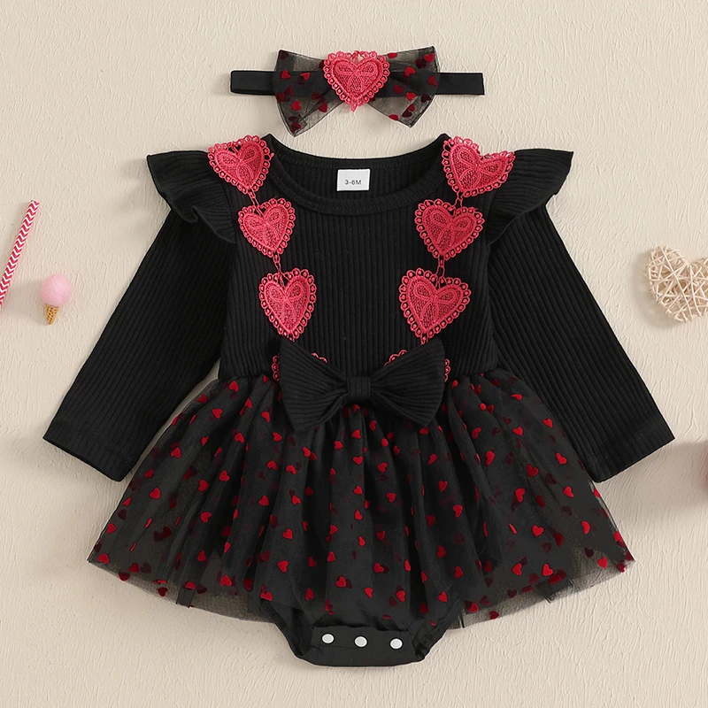 

Baby Girls Valentine's Day Romper Dresses with Bow Headband 2 Pcs Set Love Heart Long Sleeve Jumpsuit Newborn Wedding Outfits
