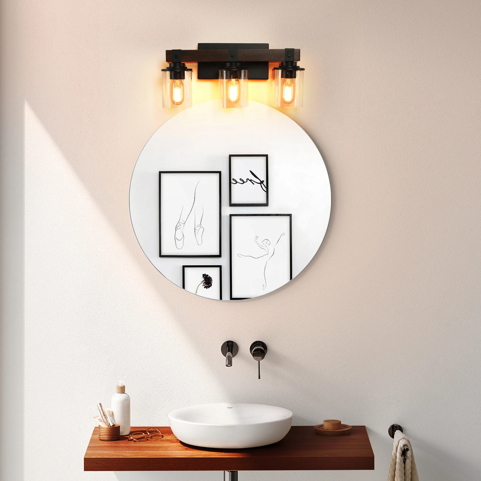 3 Lights 18.5 Inch Bathroom Light Fixtures Rustic Vintage Bathroom Wall Sconce with Clear Glass Shade Vanity Mirror Front Lights