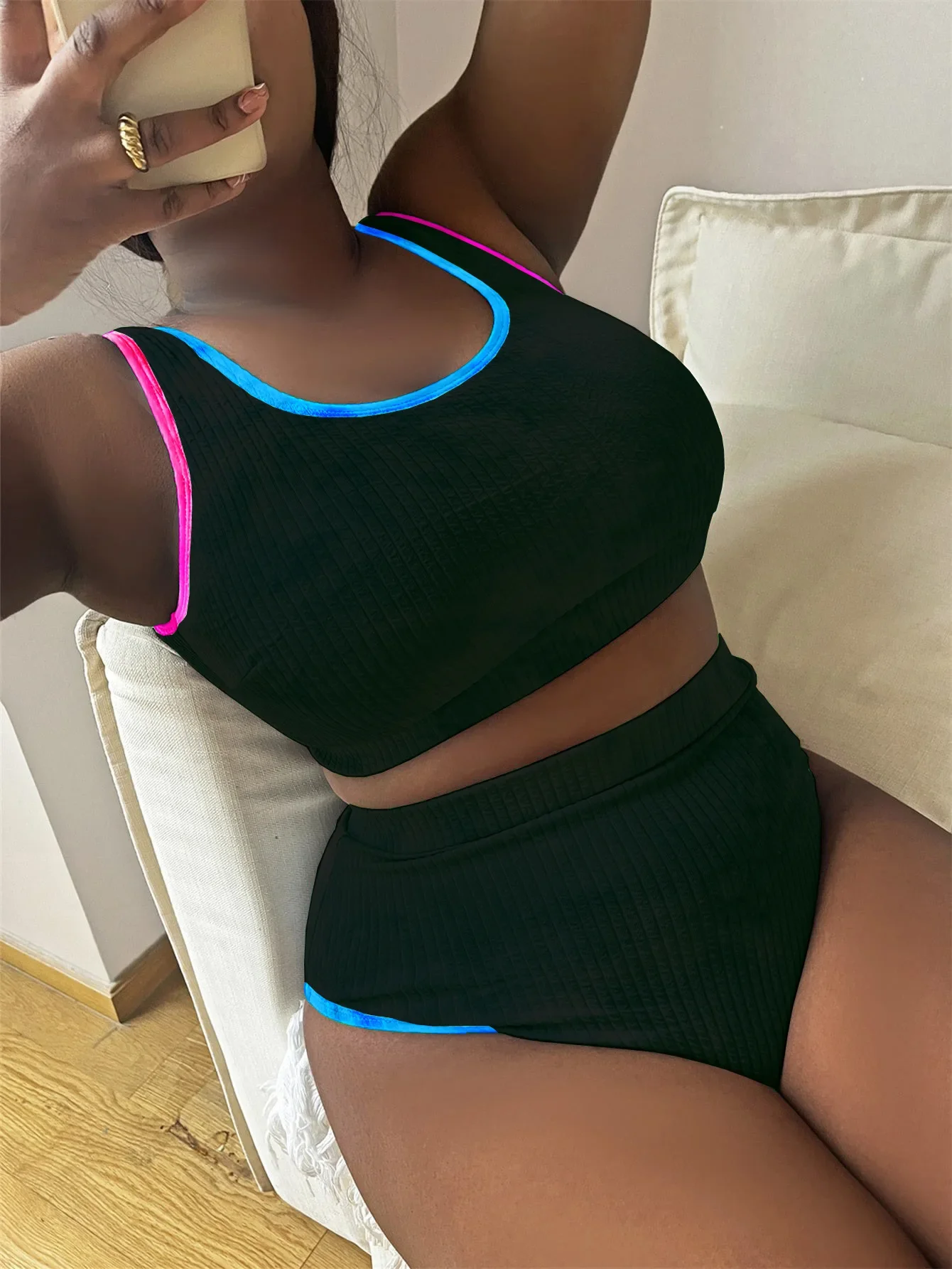 

Large Size 3XL Women's Patchwork Swimsuit Sexy Backless High Waist Swimwear Textured Bikini Set Female Beachwear Holiday Biquini