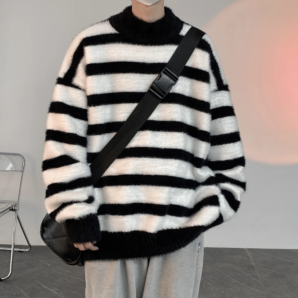 

KAPMENTS Harajuku Striped Turtleneck Sweater 2023 Pullover Hoodies Oversized Japanese Streetwear Sweaters Vintage Black Sweater