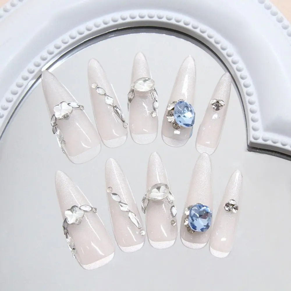 30pcs Long Almond Stiletto False Nails Shimmering Moonlight French Fake Nails Detachable Cat Eye Rhinestone Press on Nails DIY