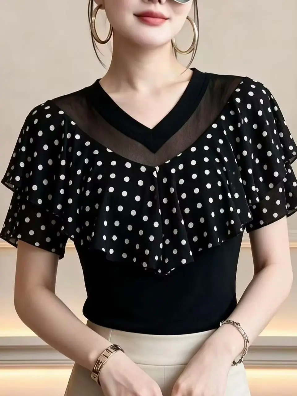 legant 2026 Summer T-shirts for Women, V-Neck Ruffle Spliced Design Tee, Slimming Flattering Fit Top