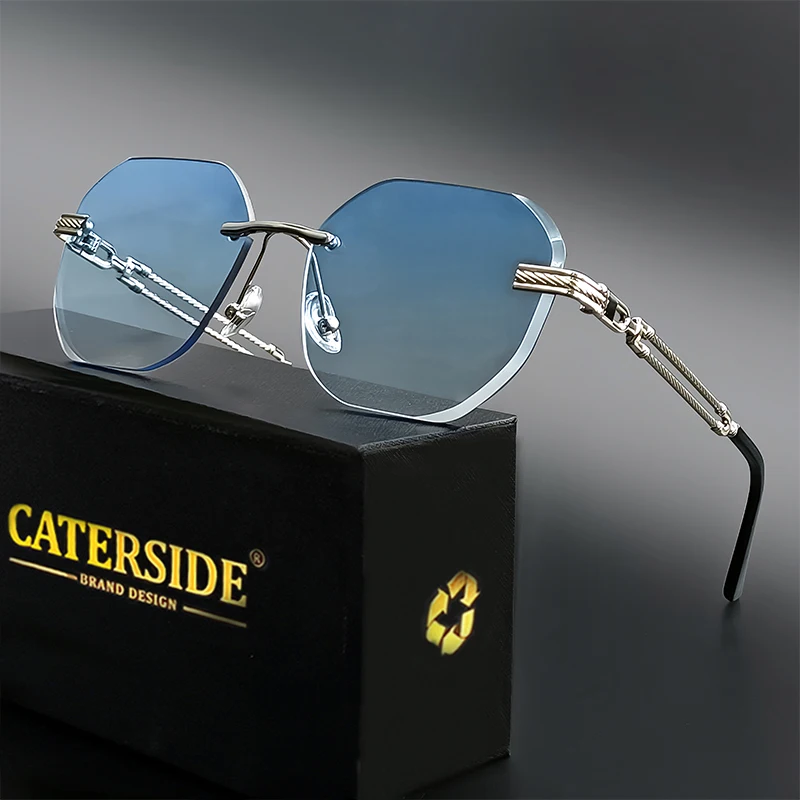 Caterside Pilot Rimless Sunglasses Men Polygonal Metal Frame Women Sun Glasses Beach Shopping Gift Party Eyewear Summer Style