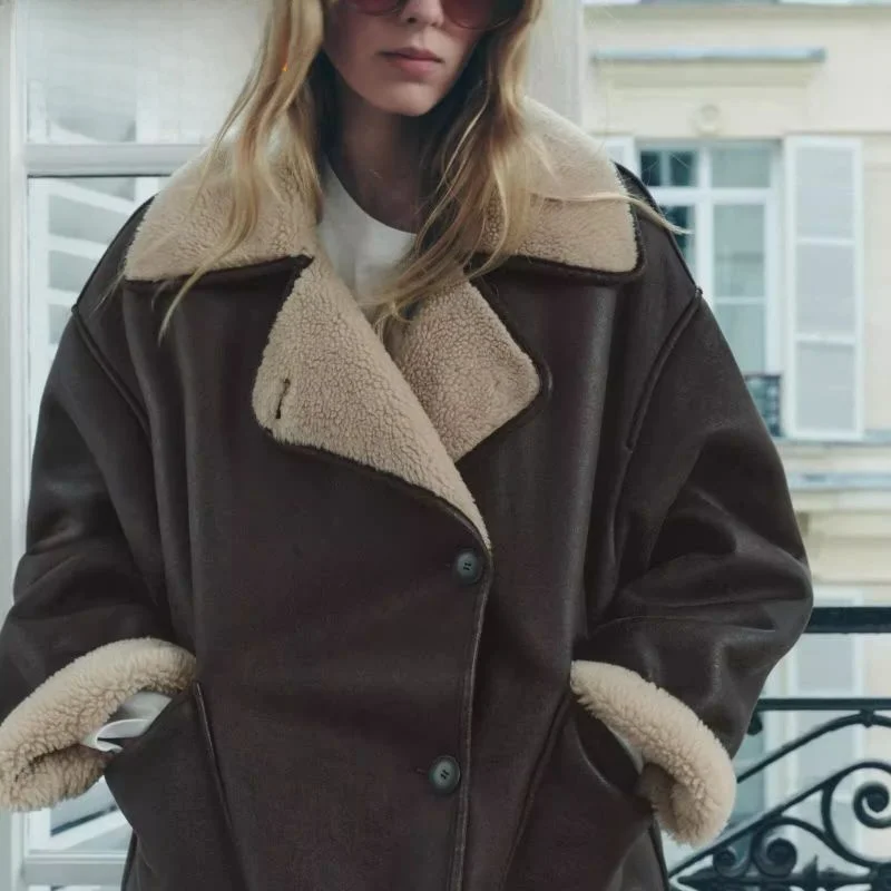 Double-Sided Leather And Fur Collar Jacket Outerwear New Autumn Winter Women's Fashion Loose Fit Long Sleeve Button Closure