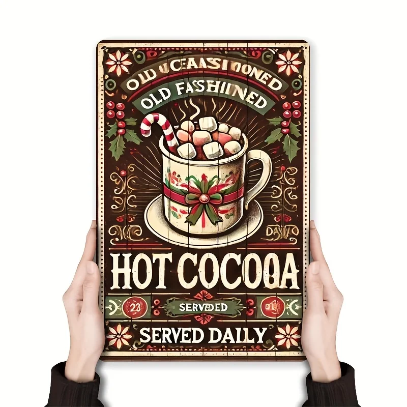 Wall Art - Classic Hot Cocoa Christmas Nostalgic Signboard - Vintage Metal Sign, Retro Decorative Board, Hanging Decorative Bo