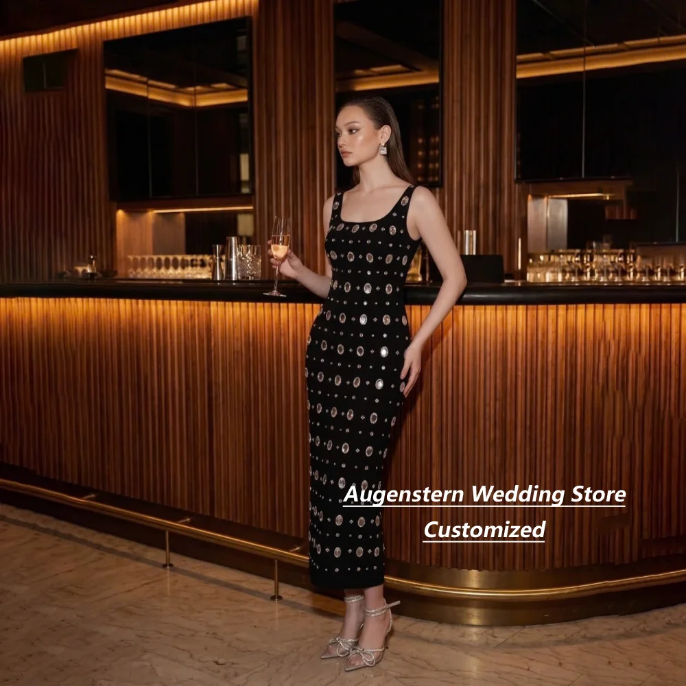 Customized Black Sleeveless Jersey Square Neck Rhinestone Mother Of The Bride Dresses Ankle Length Bodycon Split Party Dress