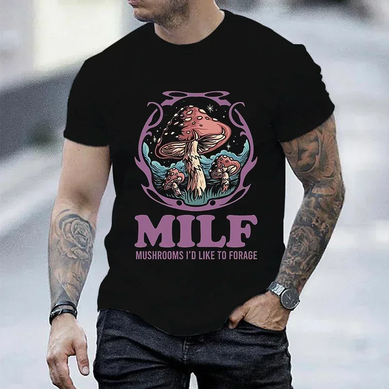 Summer Vintage Men\'s T-shirt Streetshirt MILF Mushrooms I\'d-Like To Forage Funny Mushrooms T-shirt for Men Short Sleeve Clothing