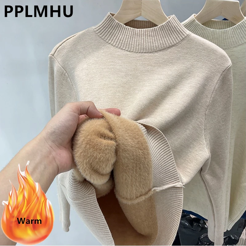 Sweaters Casual Half Turtleneck Plush Velvet Lined Thicken Knitted Pullover Women Winter Warm Knitwear Jumper Soft Malhas Jersey