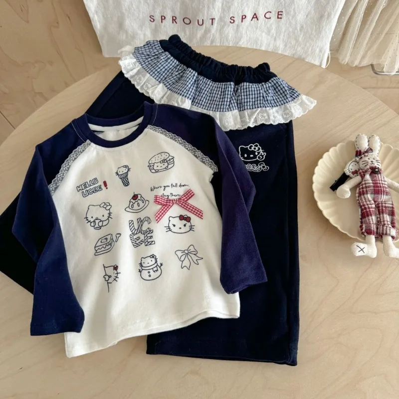 

Kawaii Hello Kitty Sanrio Student Cute Cartoon Long Sleeve Hoodie Children Comfortable Sportswear Trouser Birthday Gift for Kids