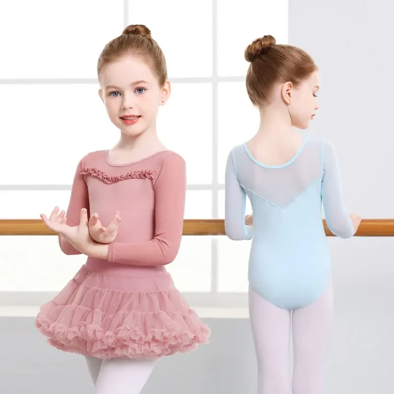 

2025Leotardos de Ballet para niñas, leotardos de baile de manga larga con empalme de malla, leotardo gimnástico para niños