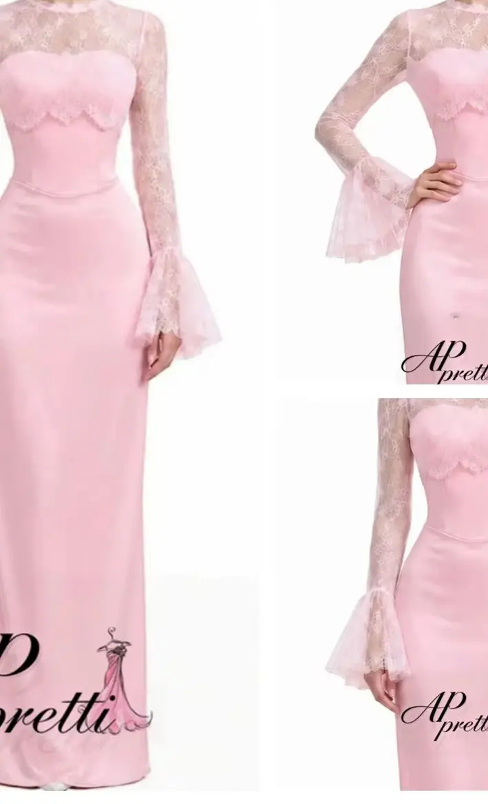 AP pretti Glamorous Pink O-Neck Lace Long Flare Sleeve Evening Gown Dress Satin Straight Party Dress Prom Gown Customized