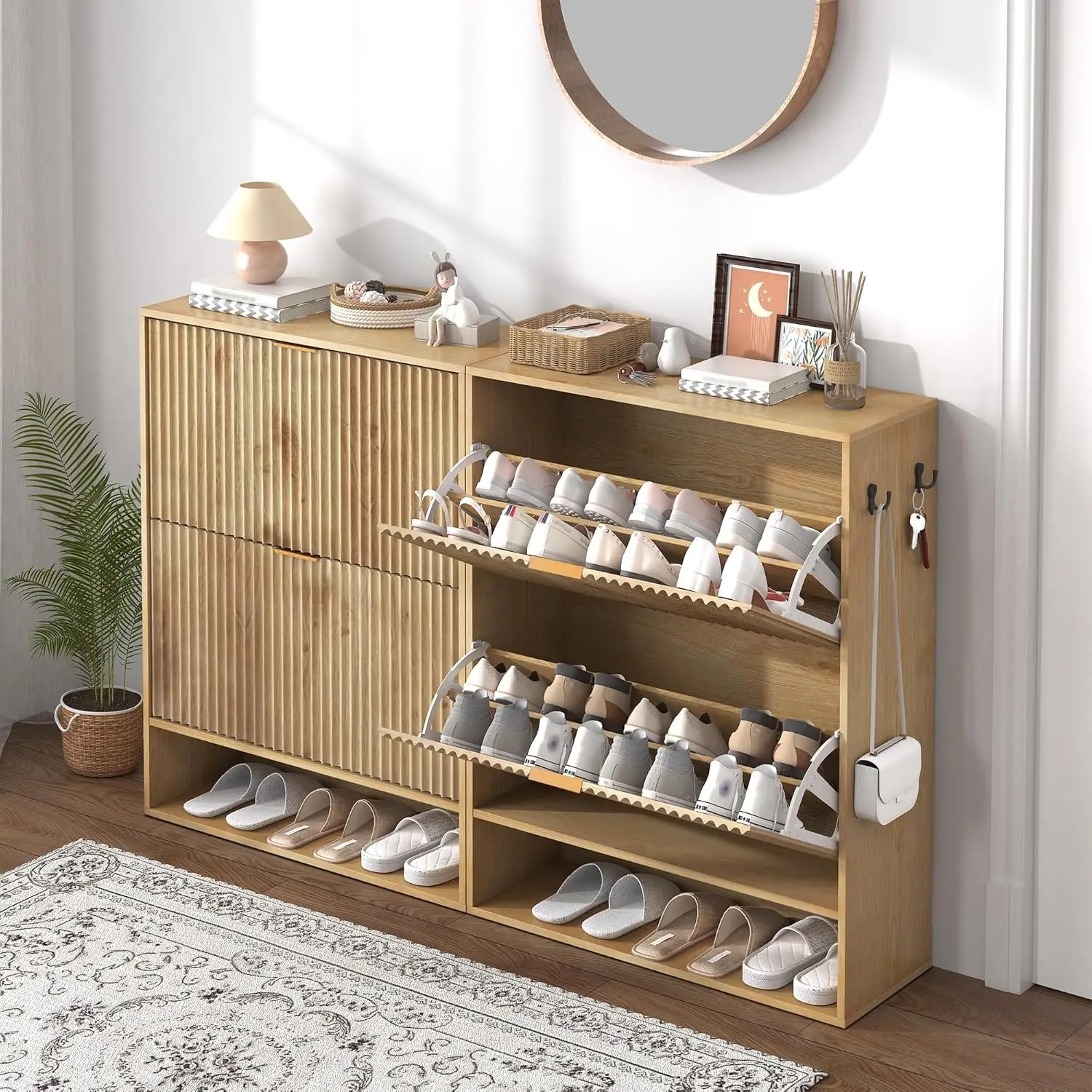 

Slim Fluted Shoe Cabinet, 31.5 Inch Wide Narrow Shoe Storage, 2 Flip Drawers, Open Bottom Shelf, Side Hooks, Freestanding Entryway Organizer for Hallway and Foyer, Oak