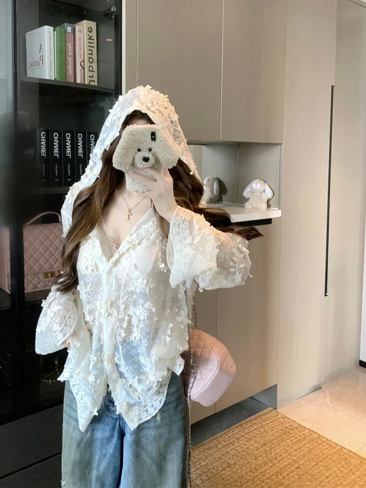 

Summer 2026 Women's Lace Embroidered Hooded Long Sleeve Open Cardigan Jacket Slim Fit V-Neck Strap Two-Piece Set Fashionable ...