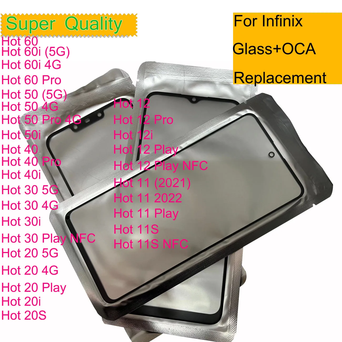 

10Pcs/Lot For Infinix Hot 60 Pro 60i 50i 50 40 Pro 30 20 12 11 40i 30i 20i Touch Screen Front Outer Glass Panel Lens With OCA