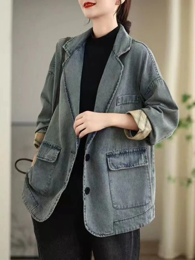 Amax LuluE 2026 Spring Korean Coats Womens Fashion Denim Jackets Ladies Loose Vintage Classic Outerwear Leisure Big Size Clothes