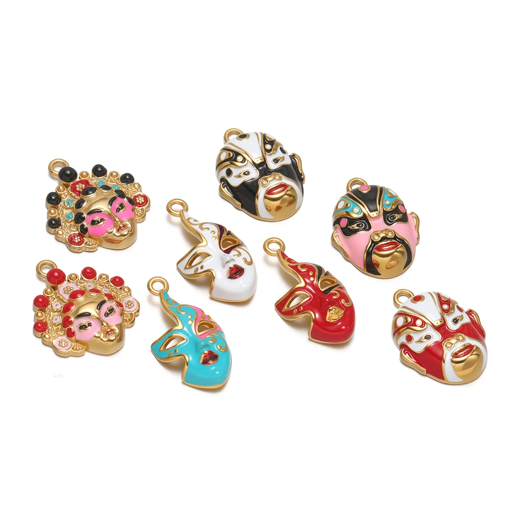 3pcs Stainless Steel Creative Enamel Peking Opera Mask Charms for DIY Jewelry Necklace Pendant Making Bracelet Earrings Crafts