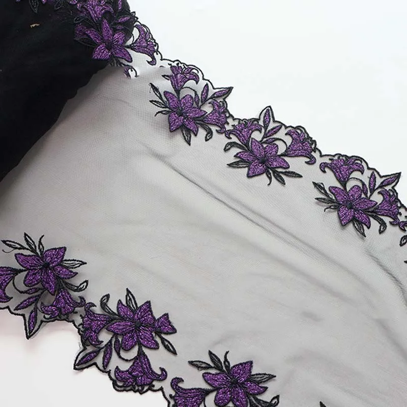 

16 ярдов полиэстеровой фиолетовой шелковистой сетчатой ткани с цветочной вышивкой, кружевная тесьма из тюля для декора бюстгальтеров, платьев, нижнего белья