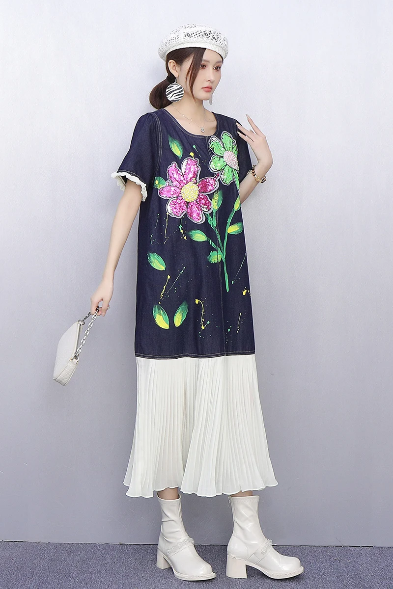 2025 Zomer Nieuwe Elegante Vrouwen Losse Geborduurde T-shirts Lange Jurken Dames Korte Mouw Mode Jurk Groothandel J1222