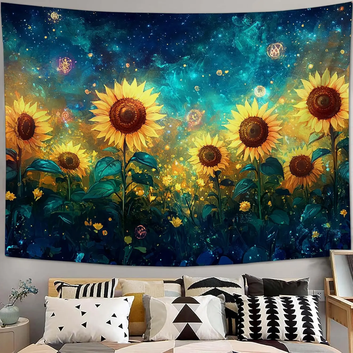 Sunflower Tapestry Galaxy Space Floral Aesthetic Tapestries Starry Sky Nature Hanging Wall Art Decor Home Decoration for Bedroom