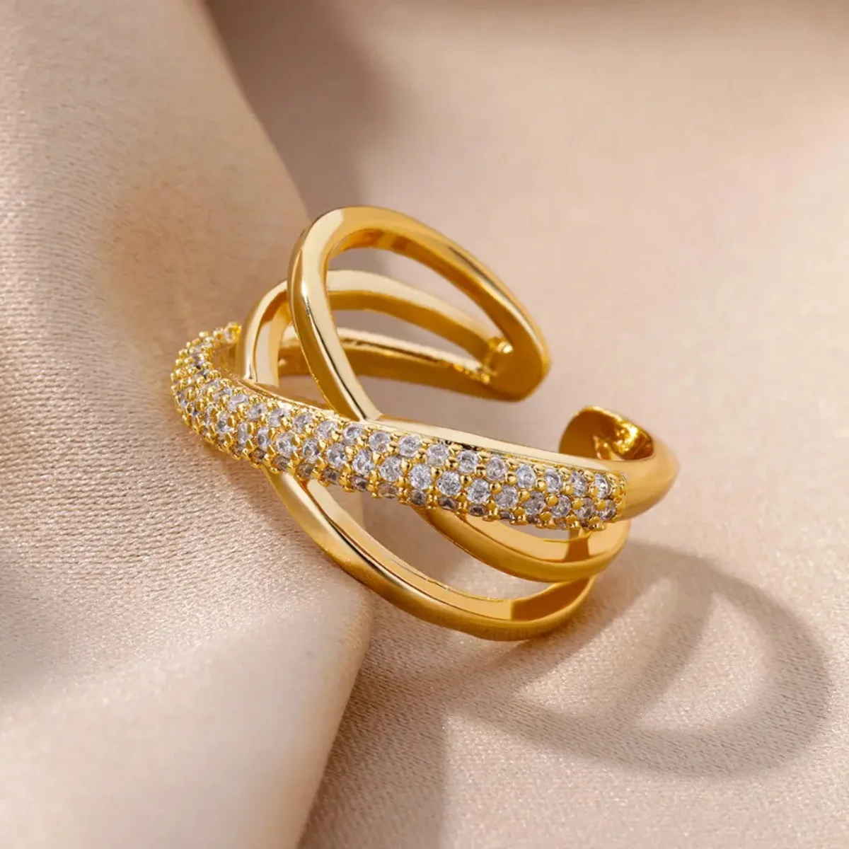Zircon Double Crossed Shape Rings For Women Gold Plated Stainless Steel Cross Ring Luxury Wedding Couple Rings Aesthetic Jewerly image 3