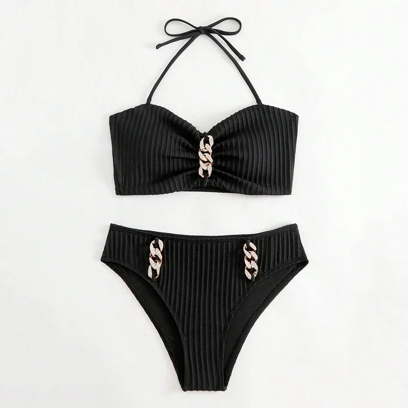 Sexy White High Waist Push Up Swimwear Bikini Set Women Ribbed Swimwear Metal Ring Swimsuit Biquinis Bikini 2024 Mujer