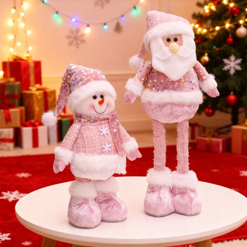 Ausziehbares Weihnachts-Weihnachtsmann- und Schneemann-Plüschtier, rosa Glitzerpuppe, Urlaub, Heimdekoration, festliche stehende Verzierung
