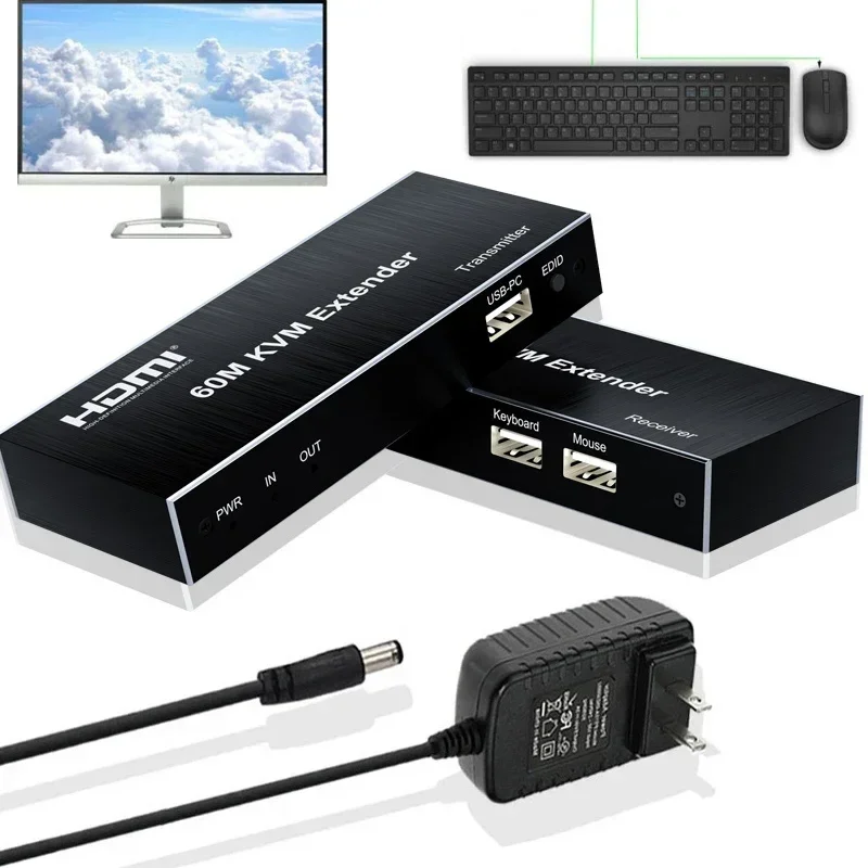 60M HDMI KVM Extender atas Cat5e/6 Rj45 kabel Ethernet HDMI KVM Switch mendukung USB Mouse Keyboard Loop IR untuk PS3 PS4 Xbox PC TV