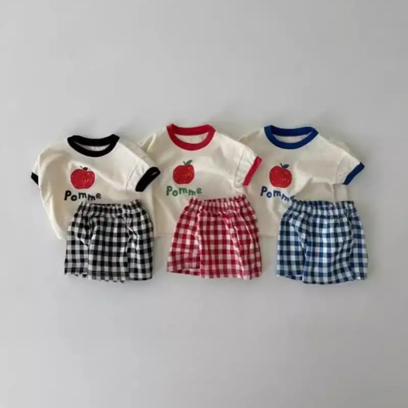 2025 Summer New Baby Girl Short Sleeve Clothes Set Infant Boy Apple Print Tops + Plaid Shorts 2pcs Suit Toddler Casual Outfits