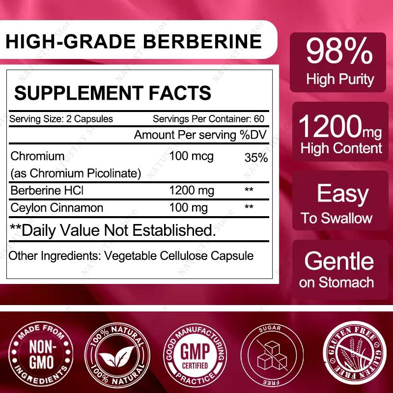 Berberine 1200mg Capsules with Cinnamon,Chromium For Digestive, Heart Health Antioxidant Non-GMO
